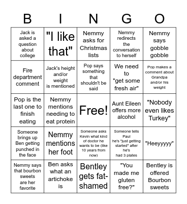 Family Holiday Bingo Card