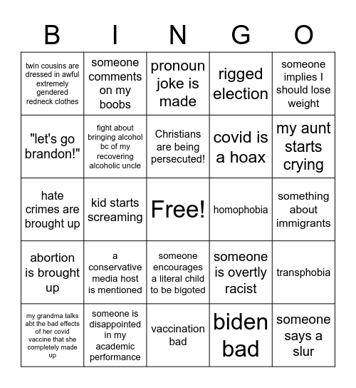 my conservative family' thanksgiving Bingo Card