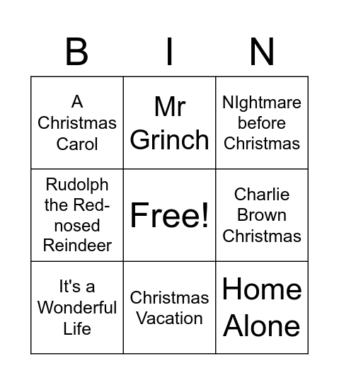 Christmas Movies Bingo Card