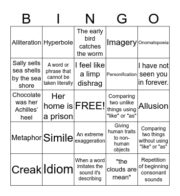 Figurative Language Bingo Card