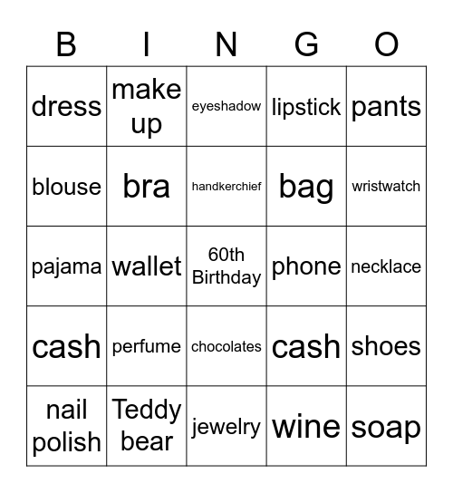 60th Birthday Celebration Bingo Card