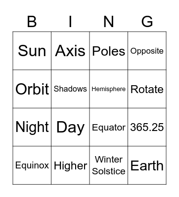 Earth Sun and Moon Bingo Card