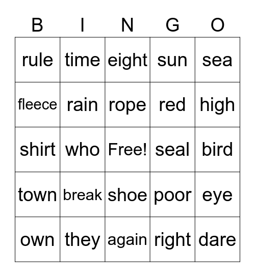 Rhyming Bingo Card