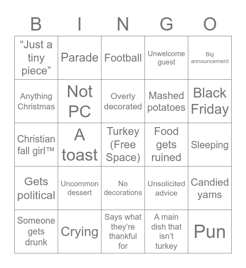 Thanksgiving Episodes Bingo Card