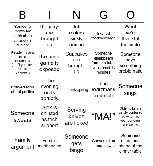 WAP Thanksgiving Bingo Card