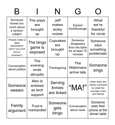 WAP Thanksgiving Bingo Card