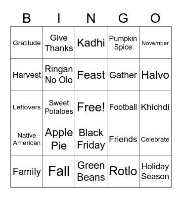 ThanksGiving Bingo Card