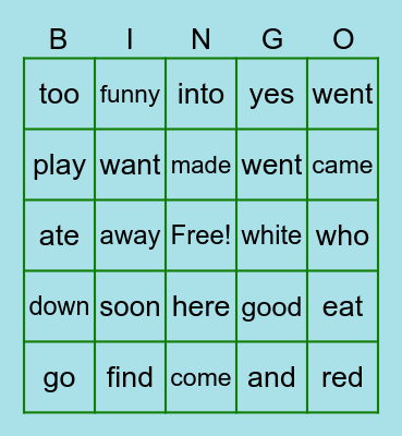 Sight Words Bingo Card