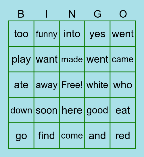 Sight Words Bingo Card