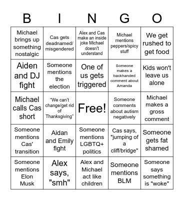 King Family Bingo Card