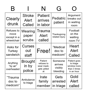 ER Waiting Room Bingo Card