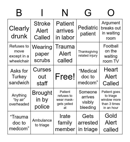 ER Waiting Room Bingo Card