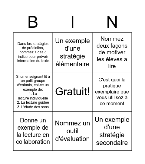 Comprehension de lecture Bingo Card