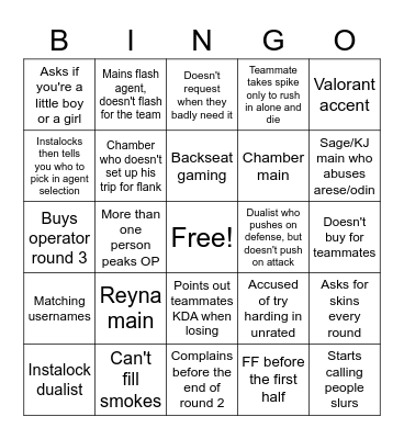 VALORANT red flags Bingo Card