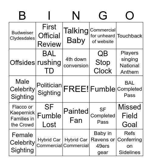 Big Game Bingo 2013 Bingo Card