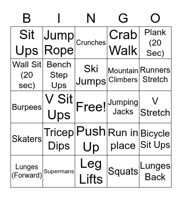 Fitness Fun Bingo Card