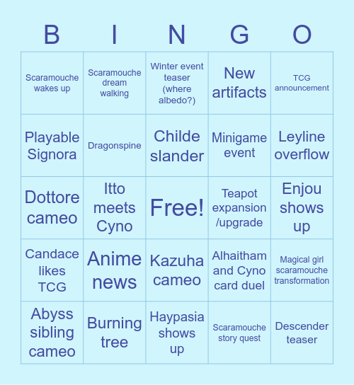 Genshin Impact 3.3 Livestream Bingo Card