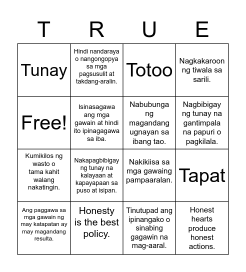 HONESTY BINGO Card