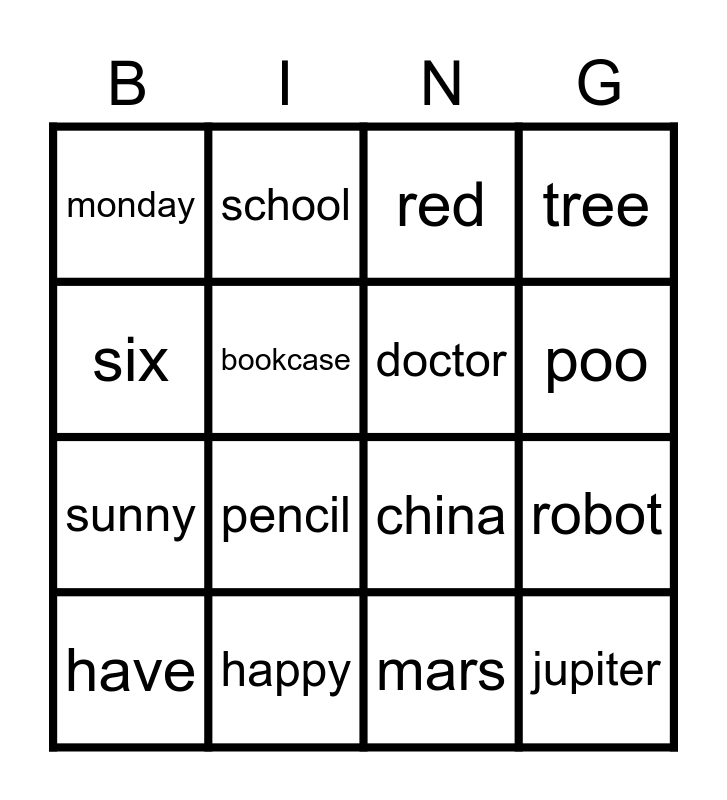 Word Bingo Card