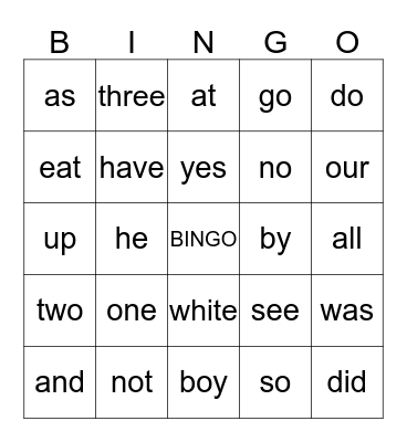 Sight Word Bingo Card