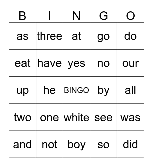 Sight Word Bingo Card
