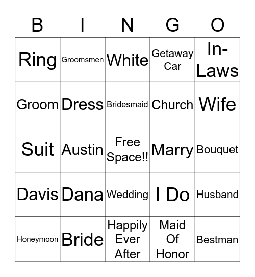Bridal Shower Fun!!!!!!!!!!! Bingo Card