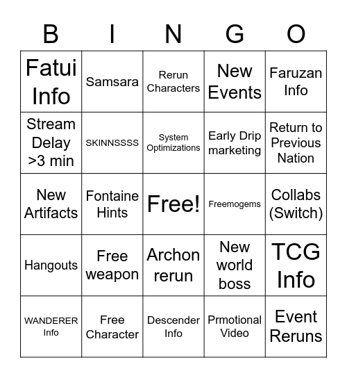 Genshin 3.3 Livestream Bingo Card