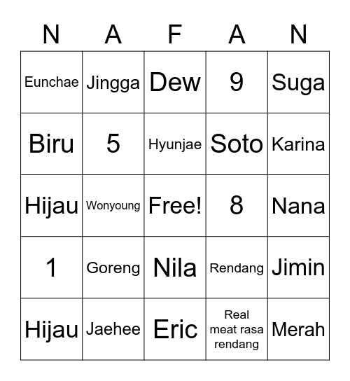 Nafan Bingo Card