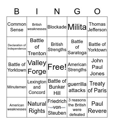 Revolutionary Bingo Card