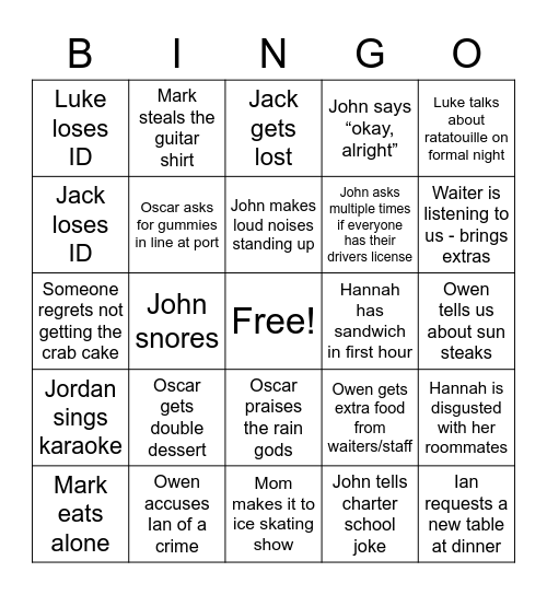 Cruise Bingo (Mother's paper card full of events that may or may not happen. Bingo Card