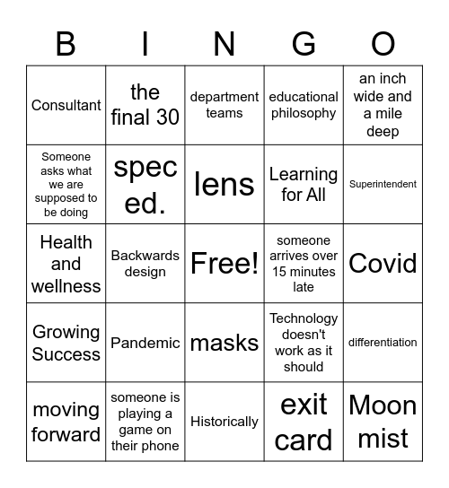 PA Day Bingo Card