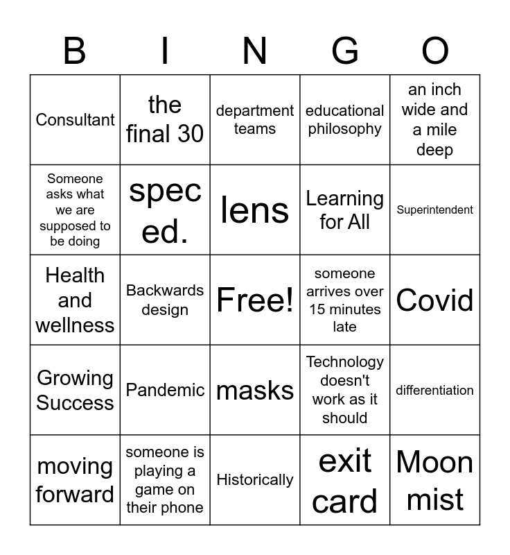 PA Day Bingo Card