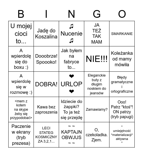 !PIĄTKOWE BINGO! Bingo Card