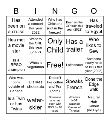 BSO Christmas Bingo Card