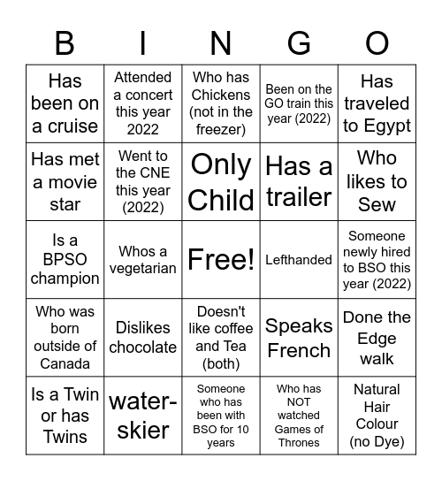 BSO Christmas Bingo Card