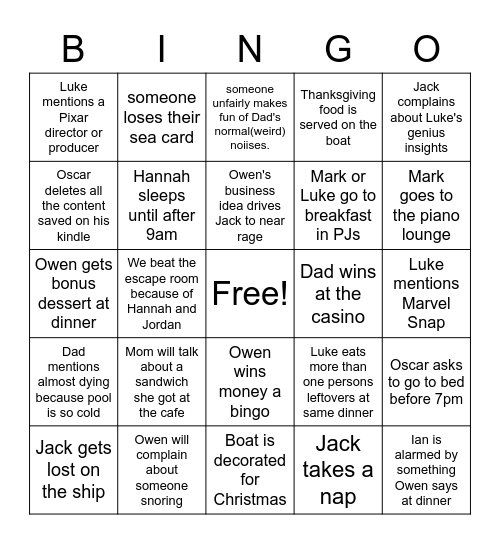 Cruise Bingo(Dads paper card full of events that may or may not happen) Bingo Card