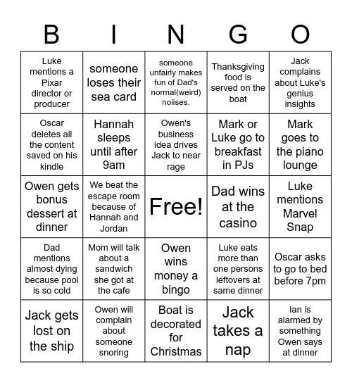 Cruise Bingo(Dads paper card full of events that may or may not happen ...