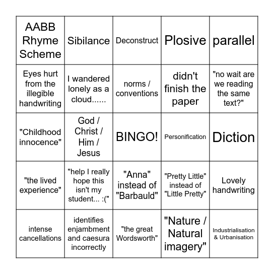 marking woes... Bingo Card