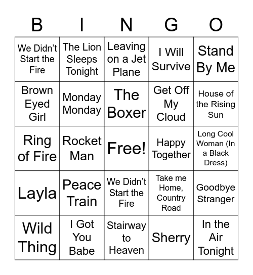Classic Songs Bingo Card