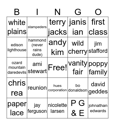 Pix and Rob Bingo Card
