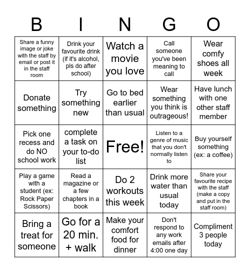 Staff Cheer Bingo Card