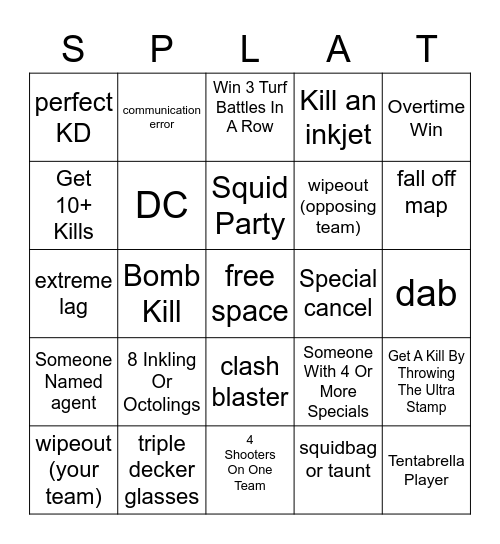 Splatoon 3 Bingo Card