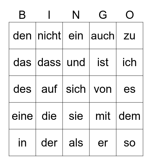 Die häufigsten Wörter 1-25 Bingo Card