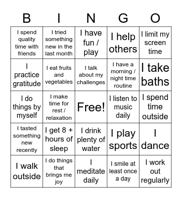 Mental Health Bingo Card