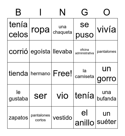 Spanish 10 - Tenía Celos Bingo Card