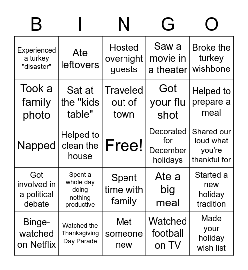 Thanksgiving Break Bingo Card