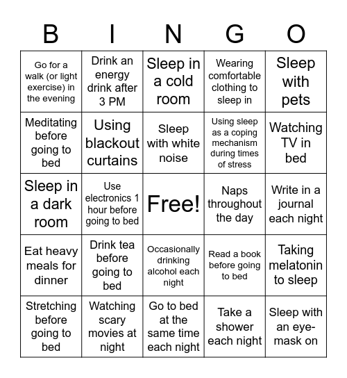 Sleep Habits Bingo Card