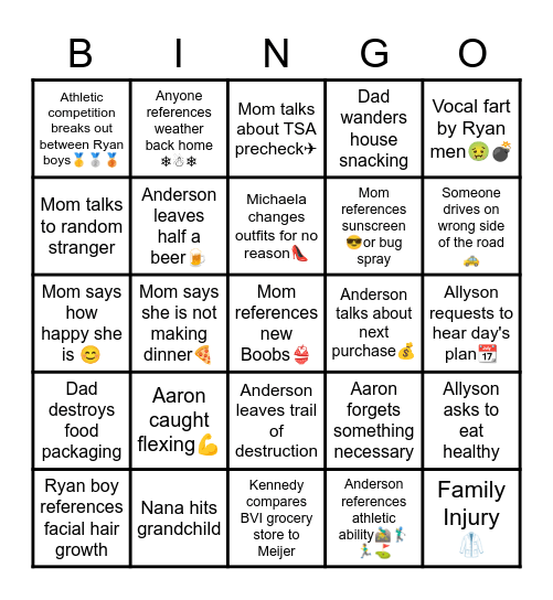 Family BVI Vacation Bingo Card