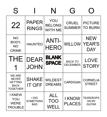 TAYLOR SWIFT KARAOKE Bingo Card