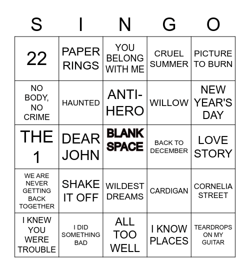 TAYLOR SWIFT KARAOKE Bingo Card